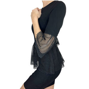 Toy G Italy black knit mesh peplum fitted 3/4 length sleeve top M